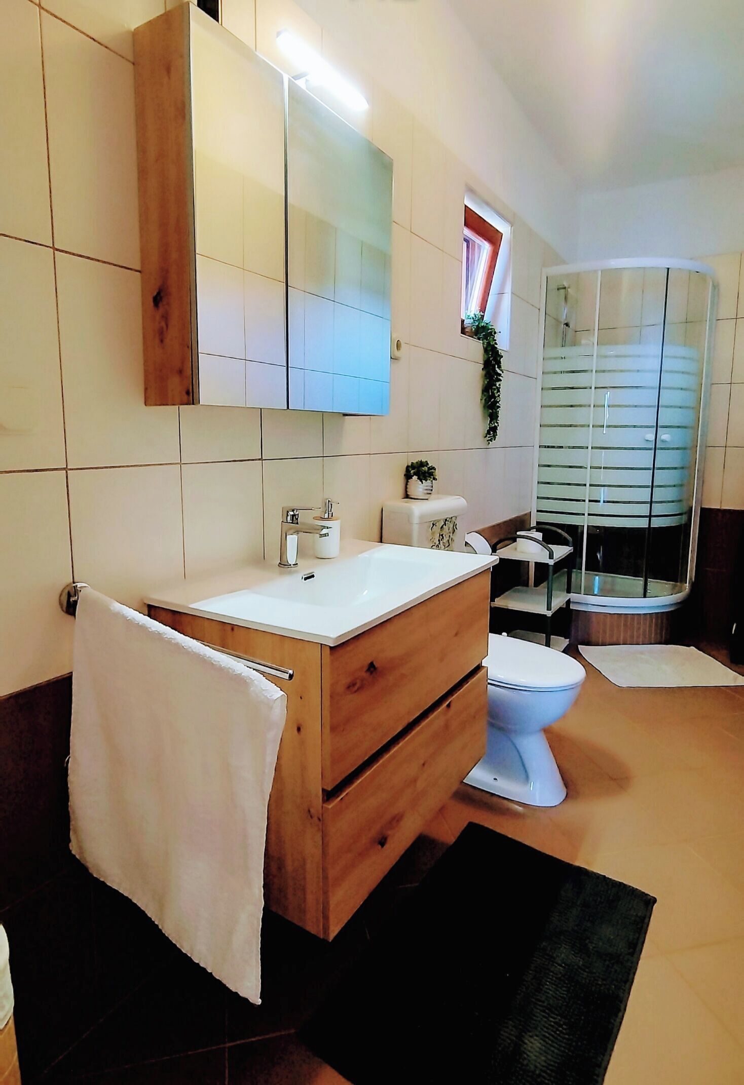 A modern bathroom with a wooden vanity, a white sink, a toilet, and a glass shower enclosure.
