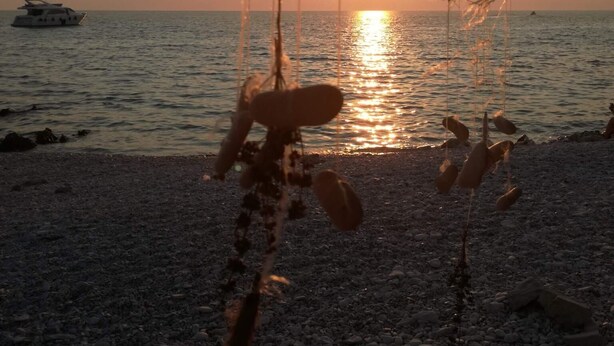 Uma praia com um pôr do sol, um barco ao longe e um balanço.