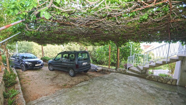 Un espace de stationnement couvert où deux voitures sont garées sous une canopée d’arbres.