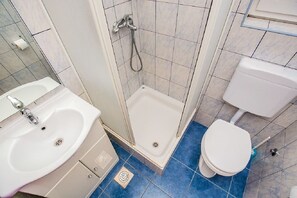 Ein Badezimmer mit Waschbecken, Dusche und Toilette.
