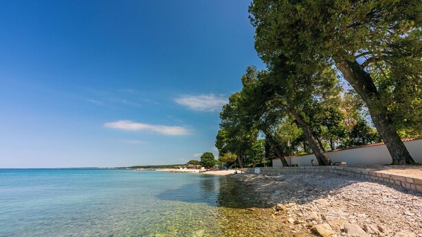 A clear beach with pebbles and trees, a calm sea, and a clear sky. - Apartment Nadica (Fazana)