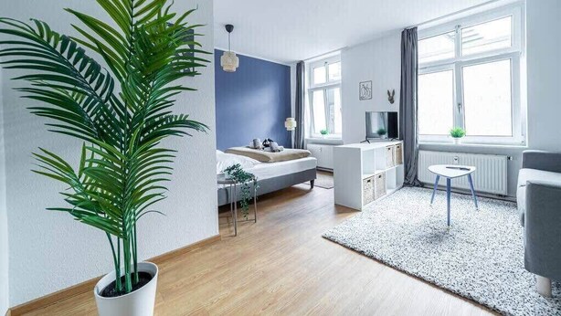 A modern living room with a sofa, a coffee table, and a large potted plant. - FullHouse | Erfurt | M18-3 | Caribbean Dream (Erfurt)