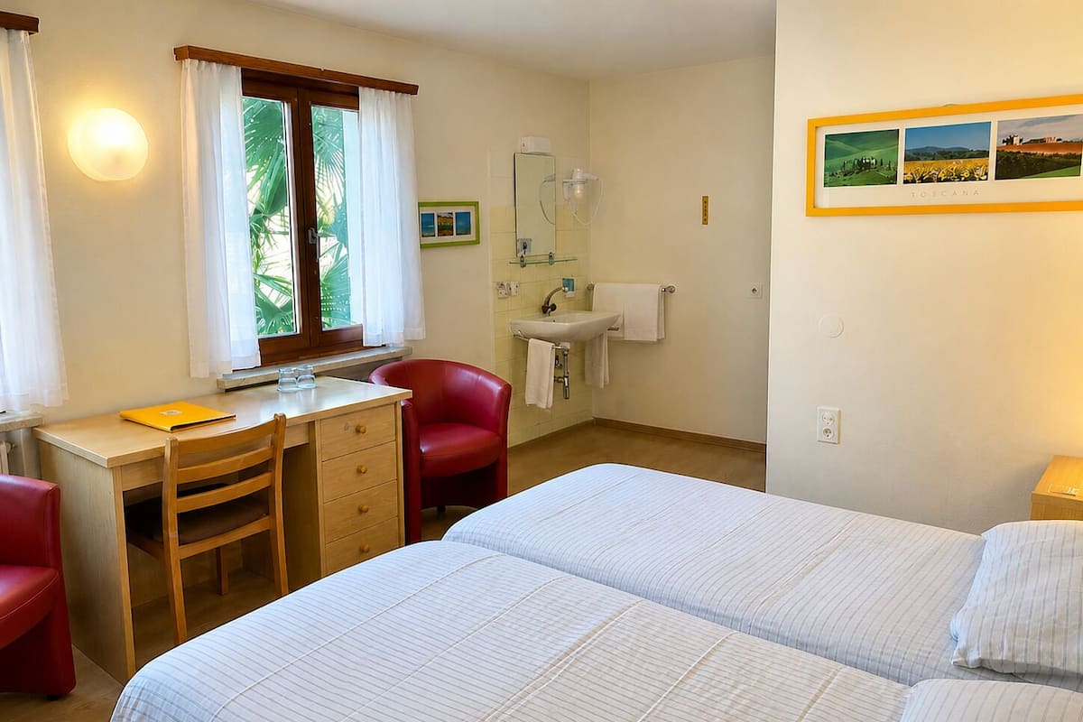 A hotel room with a bed, a desk with a chair, a sink, and a window with curtains.