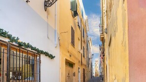 Une ruelle étroite pavée, bordée d’immeubles dotés de balcons et de volets.