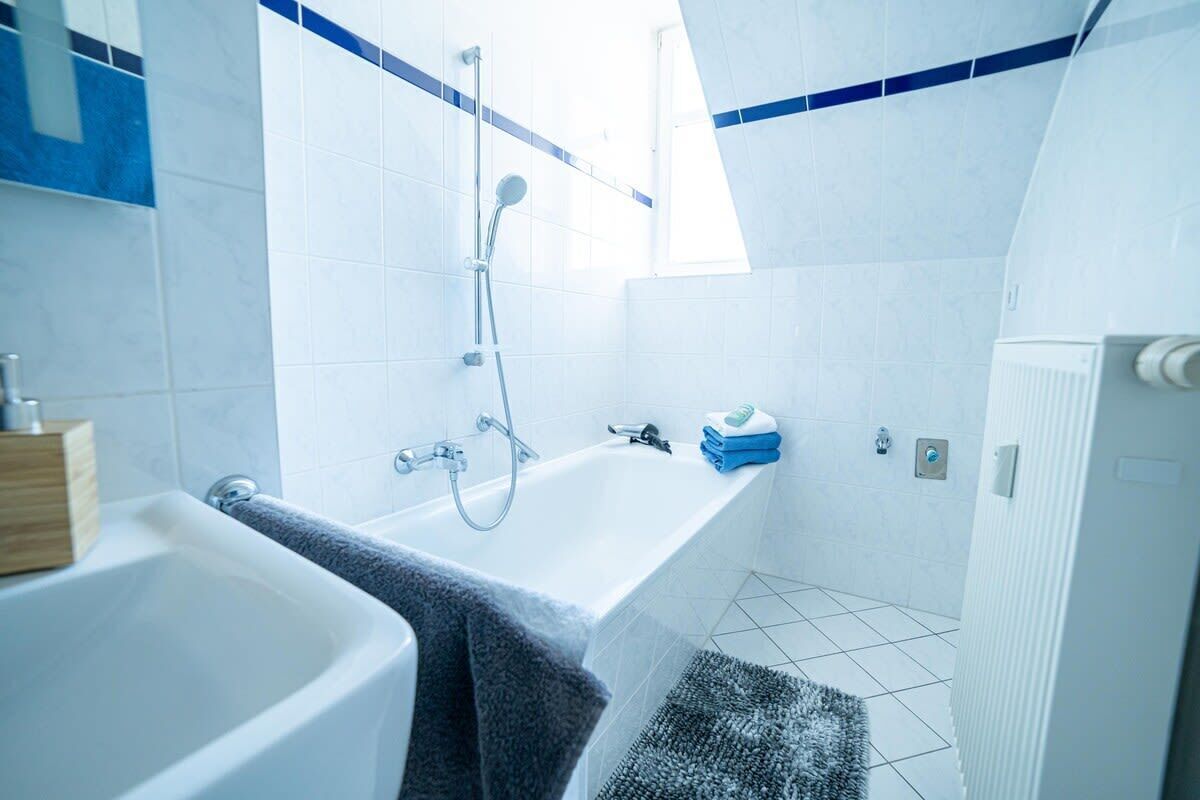 Shower, hair dryer, towels, toilet paper