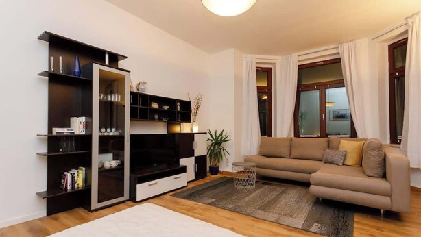 Een moderne woonkamer met een bank, een televisie, een boekenkast en een potplant.