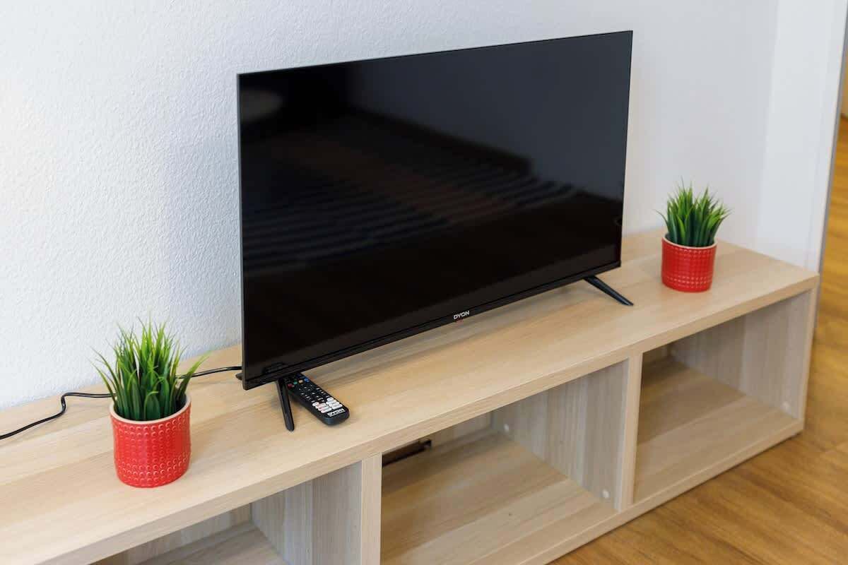 En platt-TV står på ett TV-bord i trä, och på vardera sidan om TV:n finns en röd krukväxt.