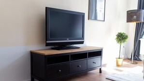Un salon moderne avec un téléviseur à écran plat posé sur un meuble télé en bois, une petite plante et une lampe sur pied.