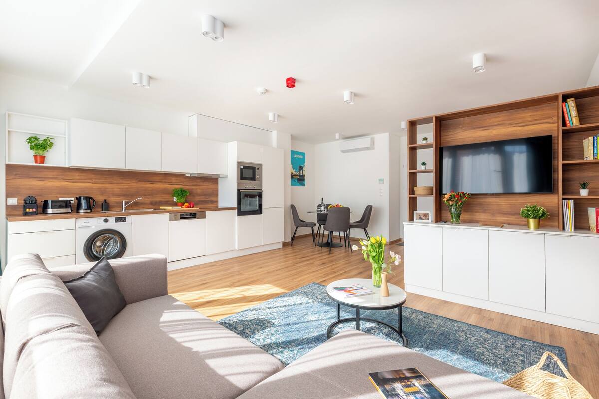A modern apartment with a living room, kitchen, and dining area.