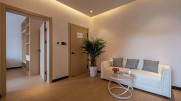 Elite suite, uitzicht op de stad | Woonkamer