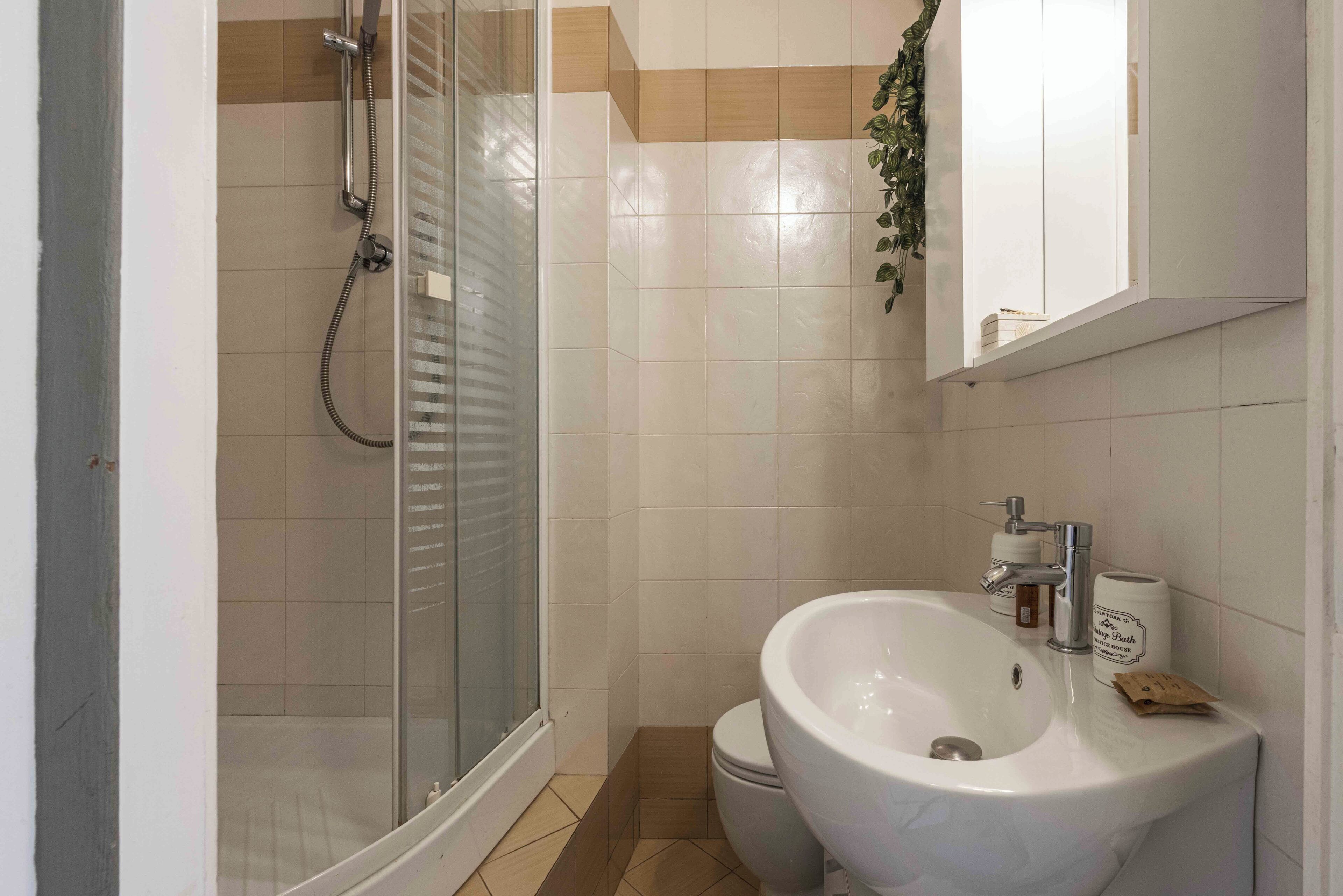 Basic Studio | Bathroom | Shower, hair dryer, towels, soap