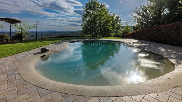 Ein Pool mit geschwungener Kante, umgeben von einer Pflasterterrasse, Bäumen und Blick auf ferne Berge.