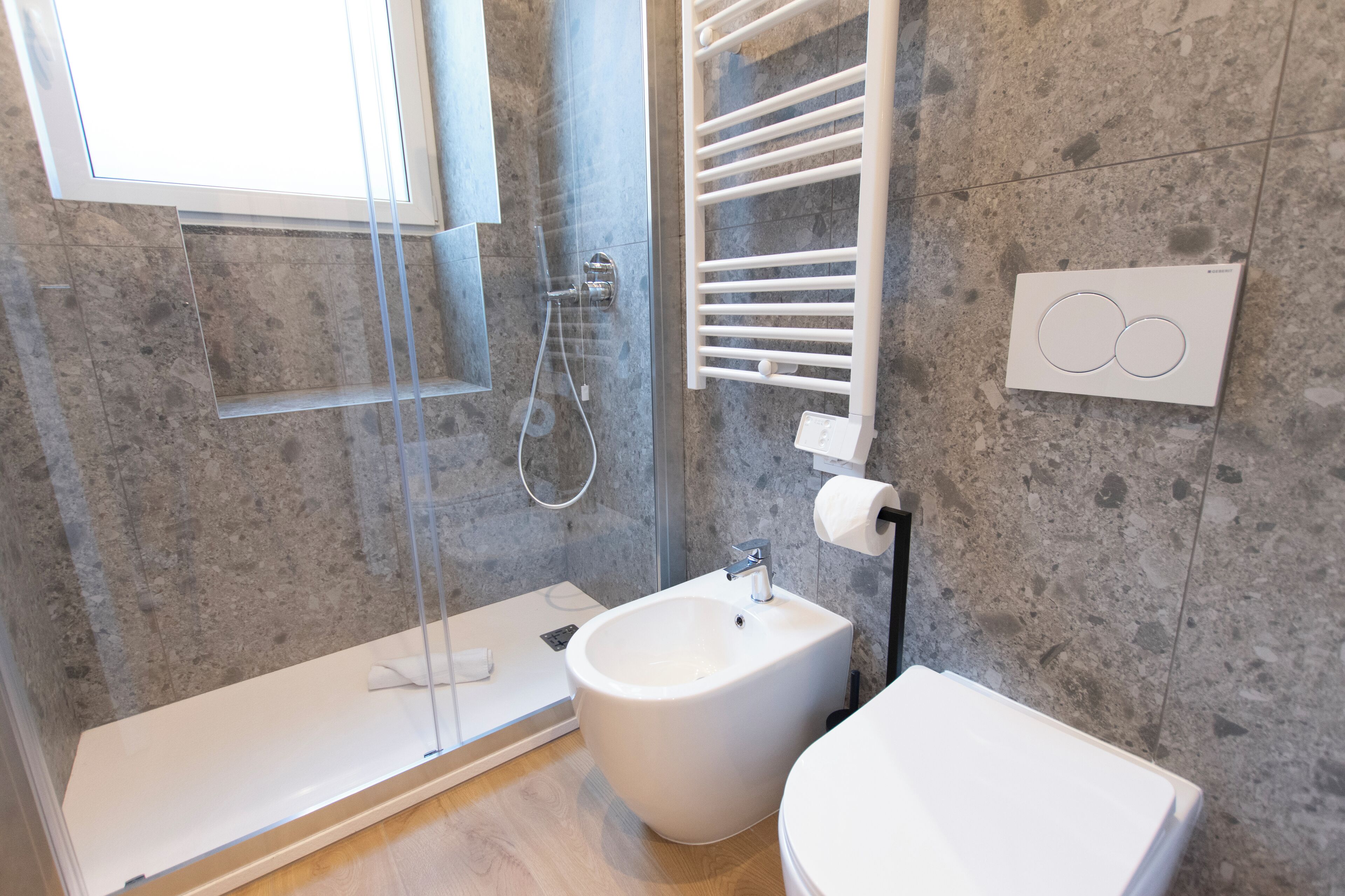 Shower, hair dryer, bidet, towels