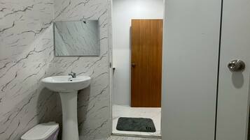 A bathroom with a marble wall, a pedestal sink, a wooden door, and a small trash bin.