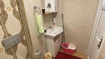 Shower, hair dryer, towels, toilet paper