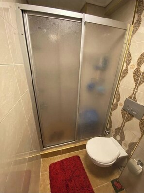 Shower, hair dryer, towels, toilet paper