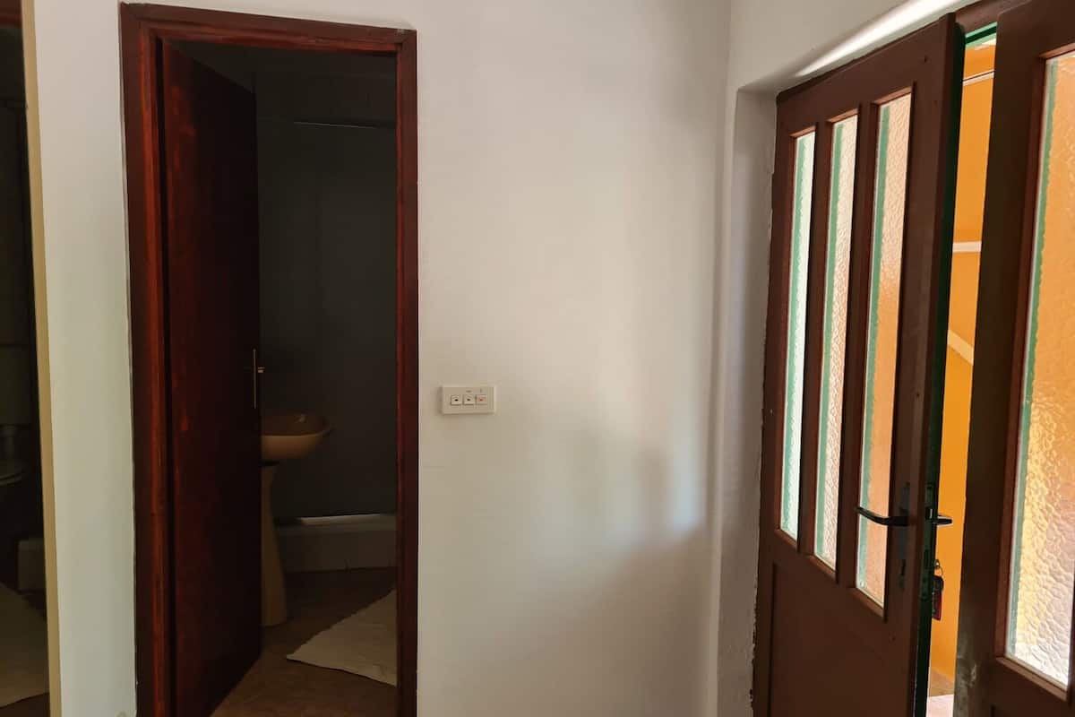 A hallway with a wooden door leading to a bathroom with a sink and a shower.