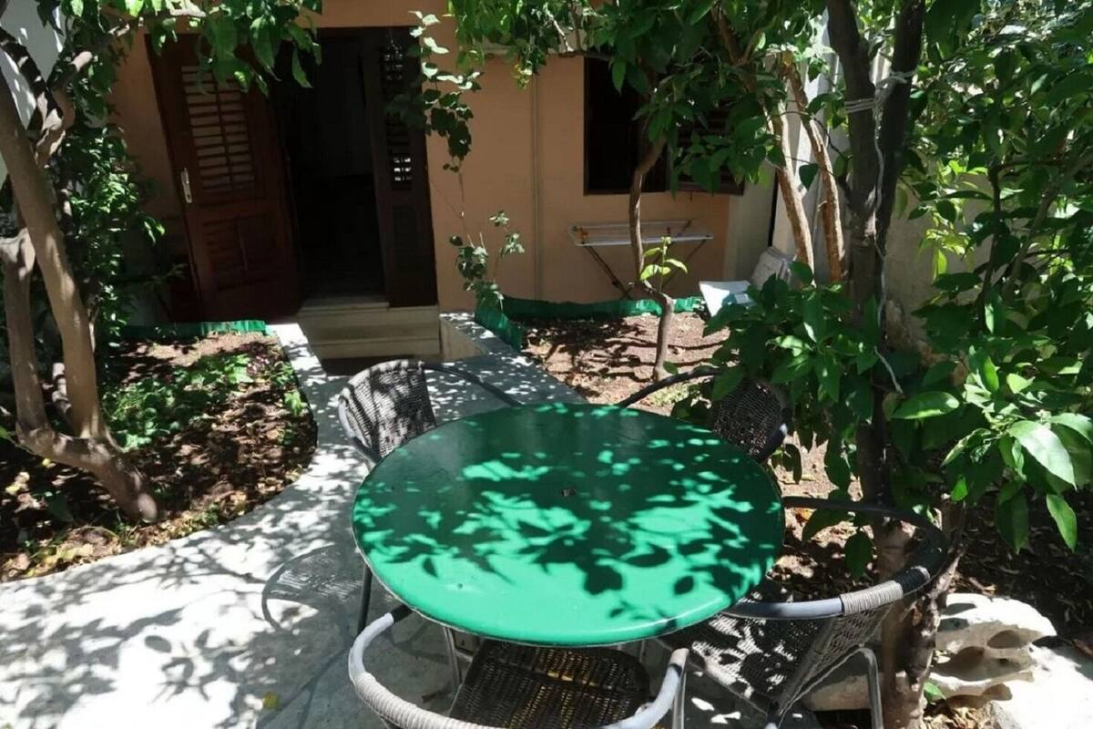 Un espacio al aire libre con mesa redonda y sillas, rodeado de árboles y la entrada de un edificio.