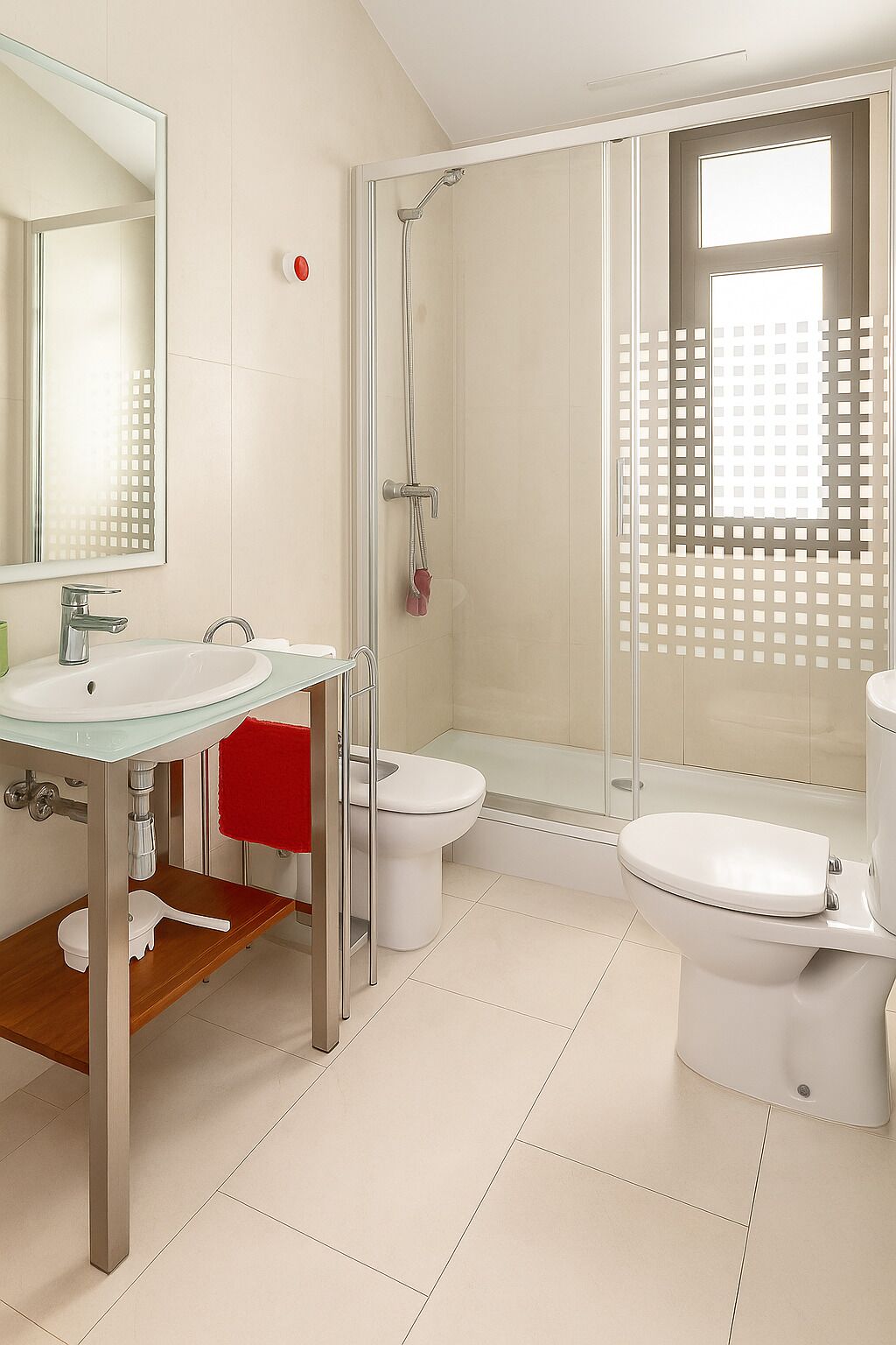 Een douche, een haardroger, een bidet, handdoeken