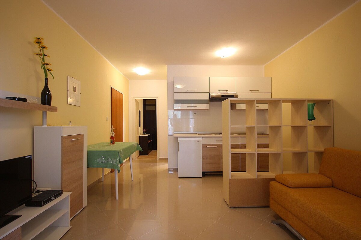 A compact living space with a kitchenette, a dining area, and a seating area.