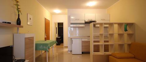A compact living space with a kitchenette, a dining area, and a seating area.