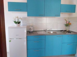 Apartment (A2) | Private kitchen | Fridge, microwave, stovetop, espresso maker - Apartments Poolhouse (Novalja)