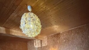 A cozy living room with a wooden ceiling, two leather sofas, a wooden coffee table, a TV, and a lamp. - Apartment for up to 6 people in Réguisheim (Réguisheim)