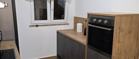 Apartment (A1) | Private kitchen | Fridge, microwave, oven, stovetop