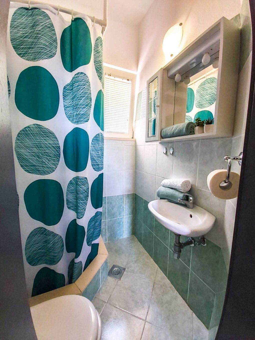 A bathroom with a shower curtain featuring large teal circles, a sink with a mirror above it, and a toilet.