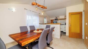 Apartment (A2) | Private kitchen | Fridge, microwave, oven, stovetop