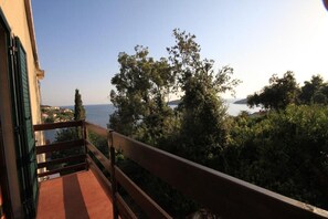 A balcony with a view of a body of water and surrounding greenery. - Apartment Iva (Konavle)