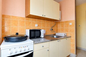 A compact kitchen with a stove, microwave, and sink. - Apartment Lile (Omis)