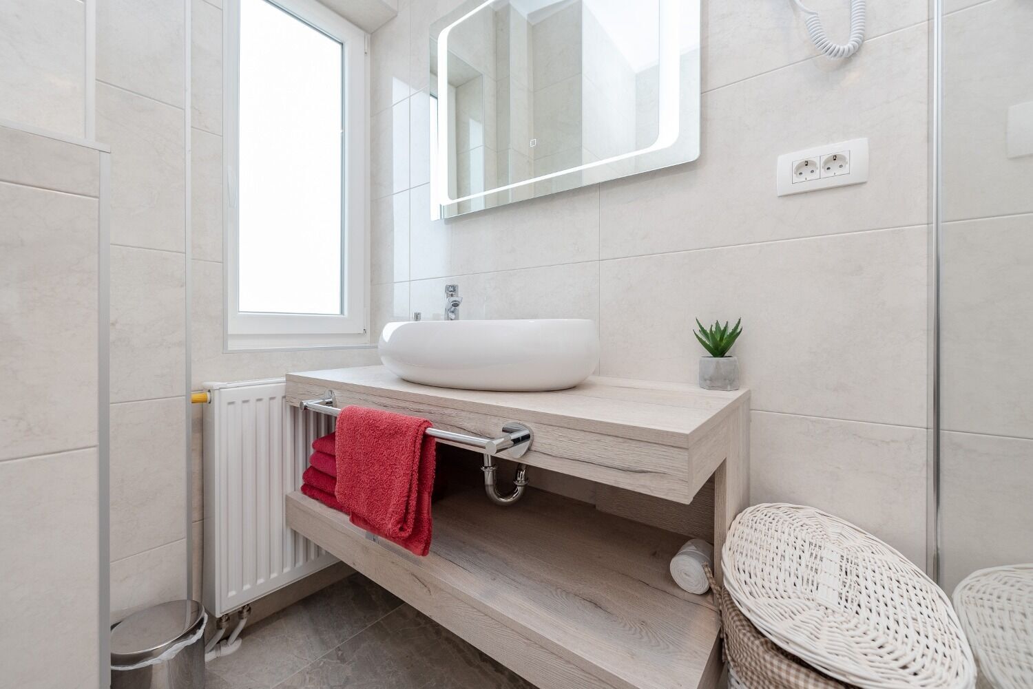 A modern bathroom with a white sink, a mirror, and a small potted plant.