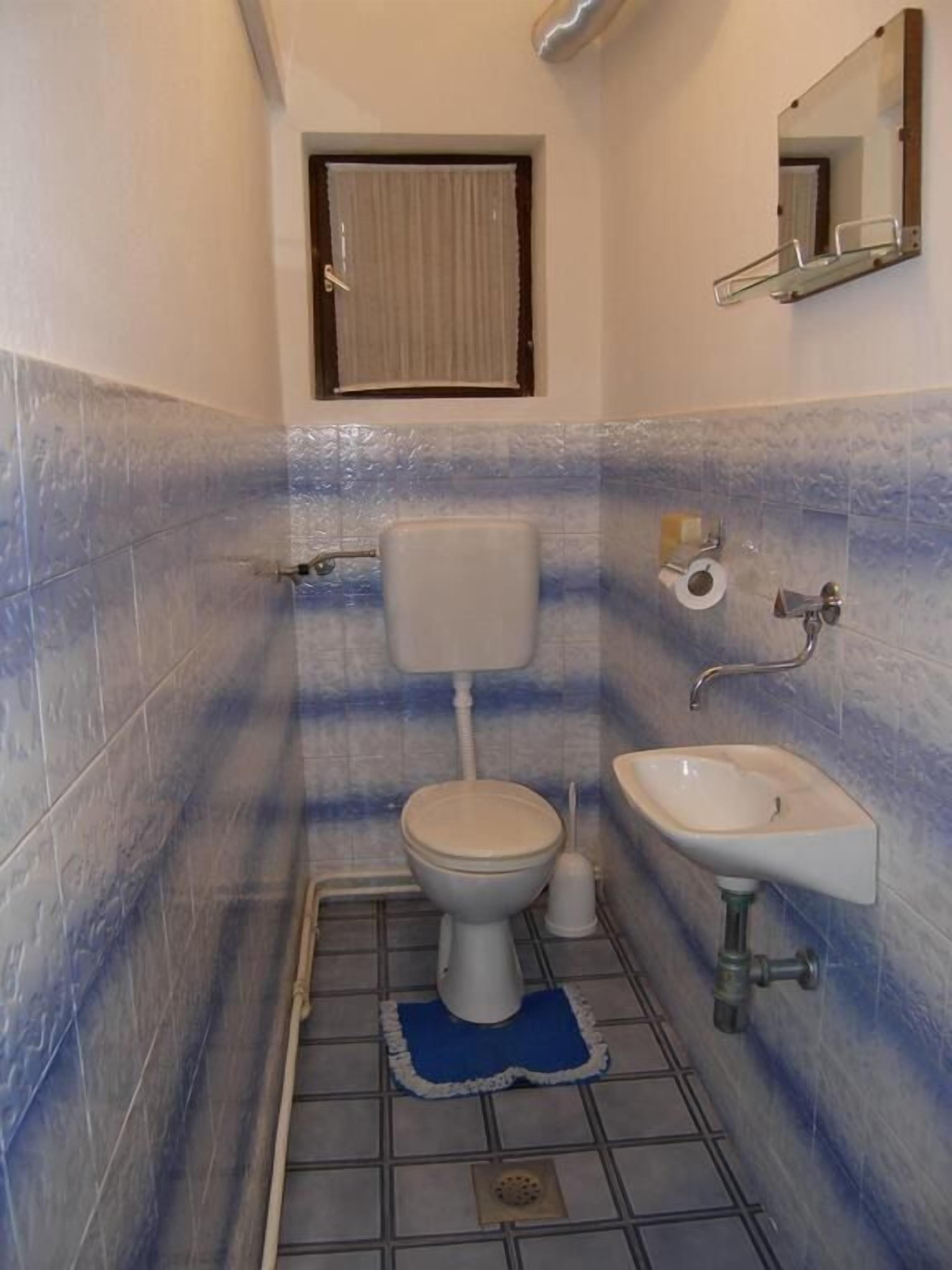 Une salle de bain avec des toilettes, un lavabo et un miroir.