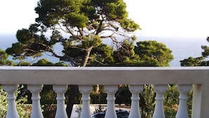 A balcony with a view of a large pine tree and the sea. - Apartments Var (Hvar)