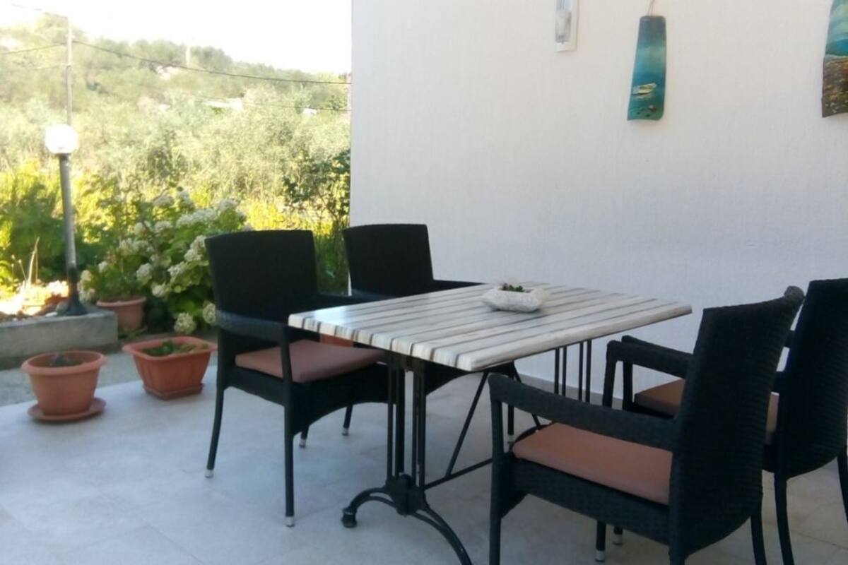 Un patio con mesa y sillas, rodeado de plantas en macetas y vistas al verdor.