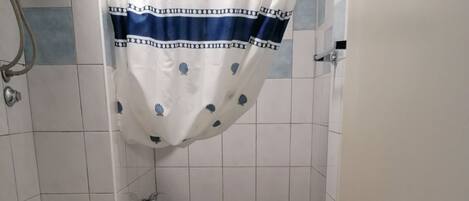 A small bathroom with a toilet, a shower, and a bathtub.
