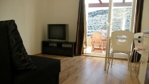 Een woonkamer met een zwarte bank, een televisie op een zwarte standaard, en een houten vloer. Een eethoek met een tafel en stoelen is zichtbaar door een glazen deur.
