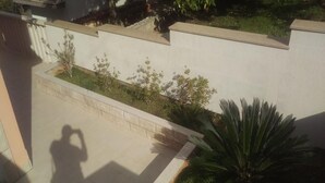 Un patio con piso de baldosas, un muro de contención de concreto y una planta verde grande.