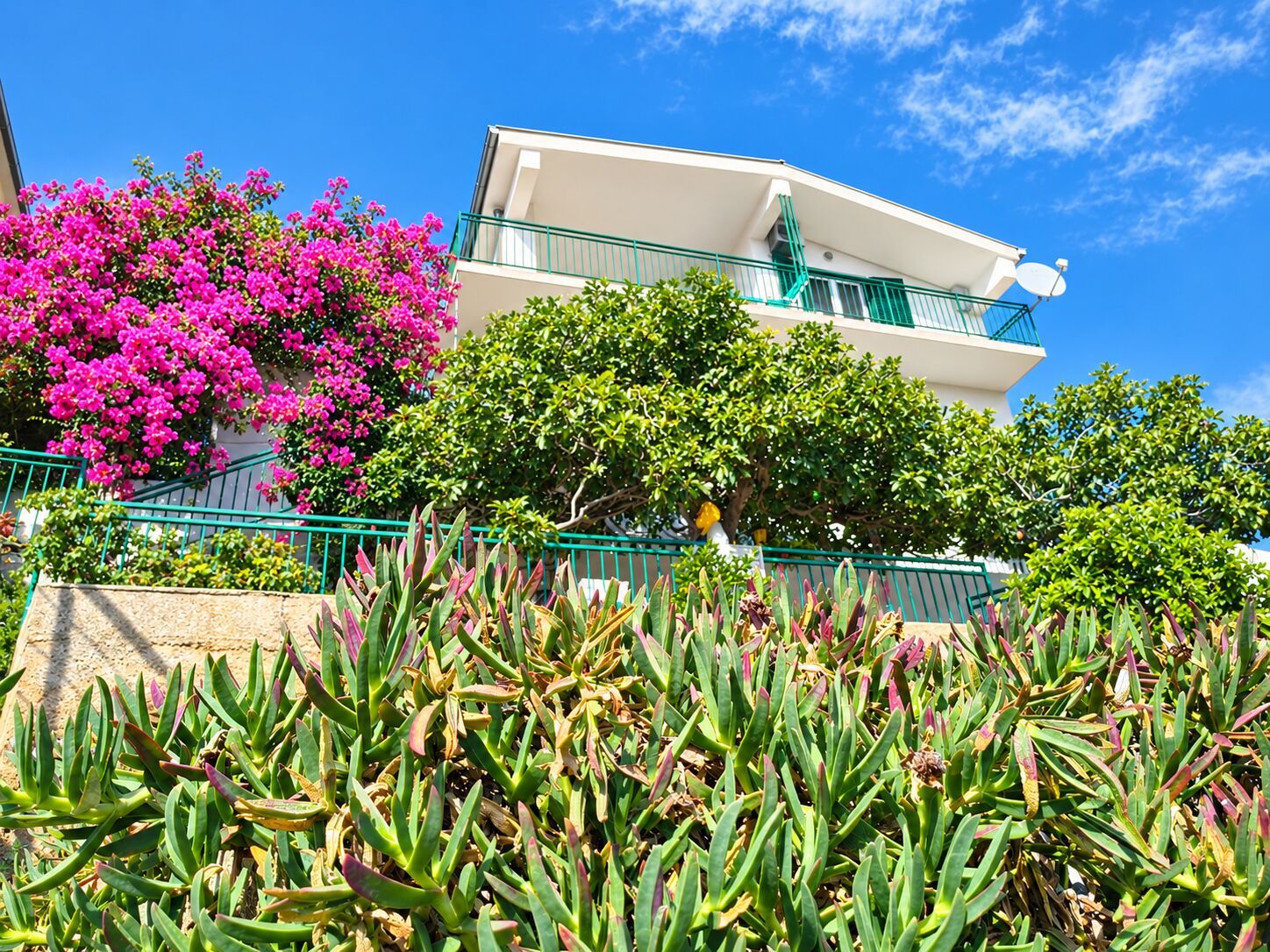 A building with a balcony, surrounded by lush greenery and vibrant pink flowers.