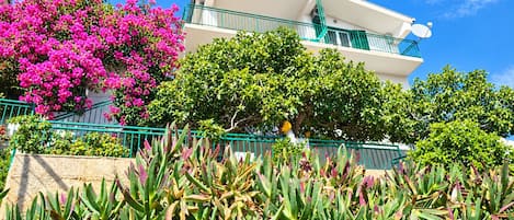 A building with a balcony, surrounded by lush greenery and vibrant pink flowers.