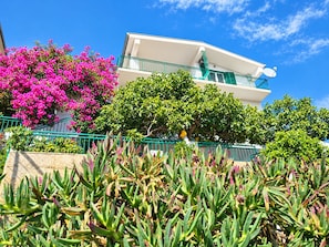 A building with a balcony, surrounded by lush greenery and vibrant pink flowers. - Apartments Neva (Primosten)