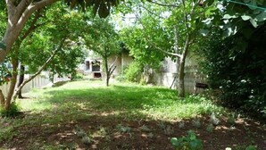 A garden with a lawn, trees, and a stone wall. - House Kuca za Odmor (Preko)