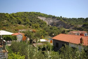 A hillside village with terracotta-roofed buildings, lush greenery, and a rocky cliff in the background. - Apartment Rina (Okrug)