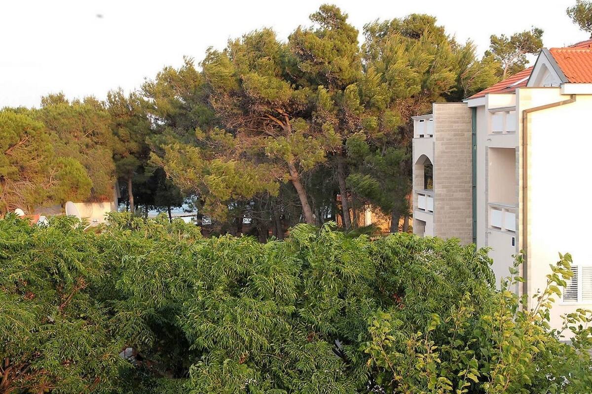 A residential area with dense greenery and trees, a white building with a red roof, and a brick wall.