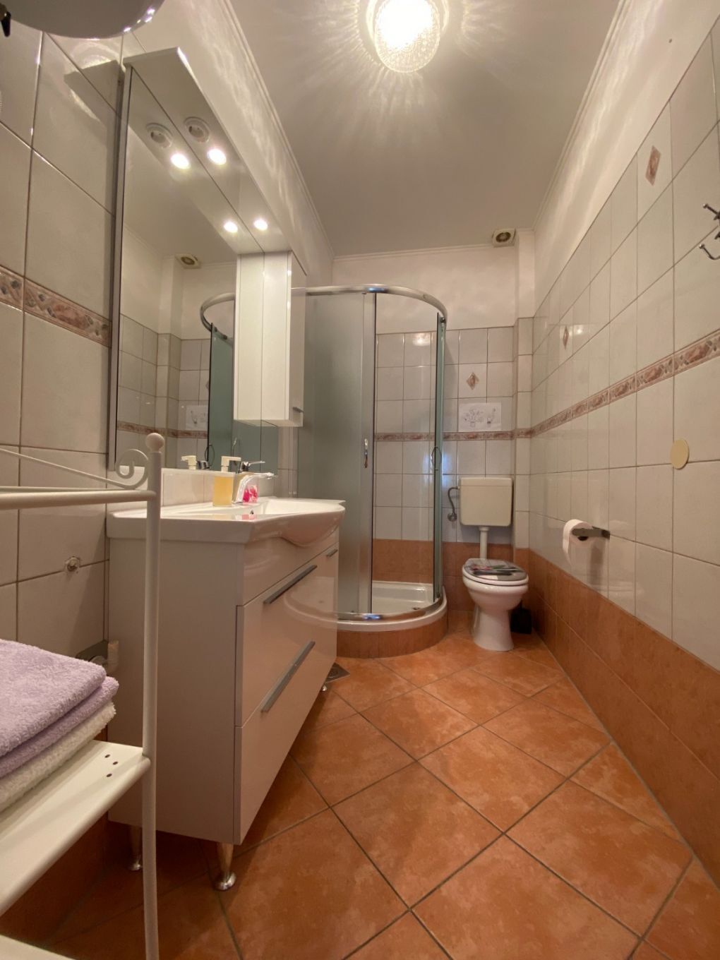 A bathroom with a glass-enclosed shower, a sink with a mirror, and a toilet.
