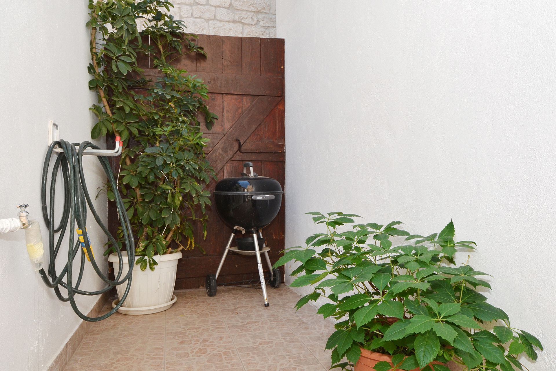 Un petit espace extérieur avec une porte en bois, un barbecue noir, un pot de fleurs et un tuyau d’arrosage.