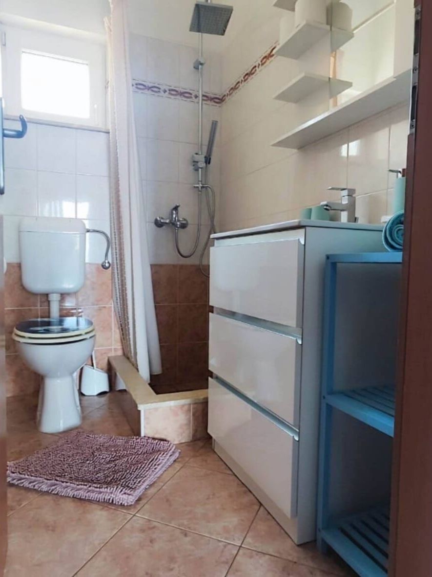 Un bagno compatto con WC, doccia e mobile contenitore a incasso.