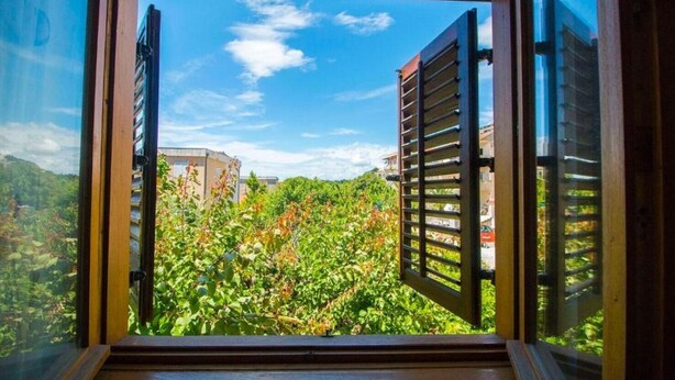 A window with open shutters, revealing a view of a lush garden and buildings in the background. - Apartment Mana (Split)