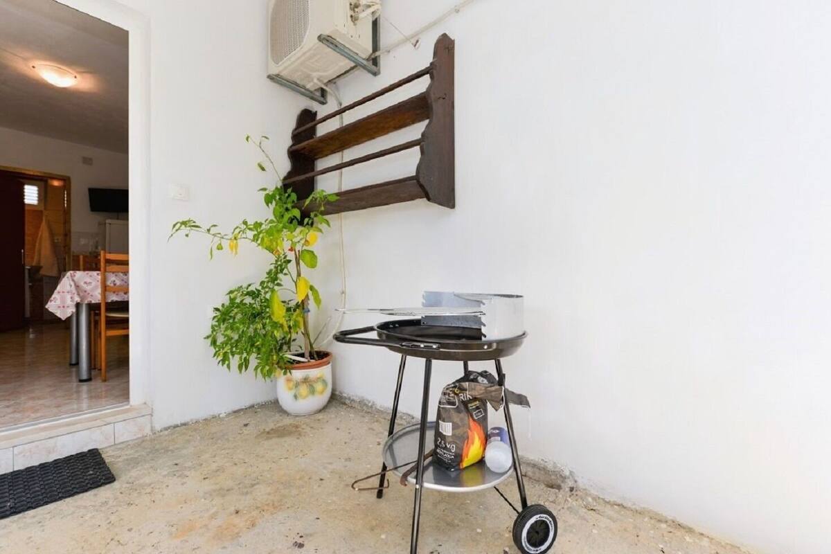 A small outdoor area with a grill, a potted plant, and a wall-mounted air conditioning unit.